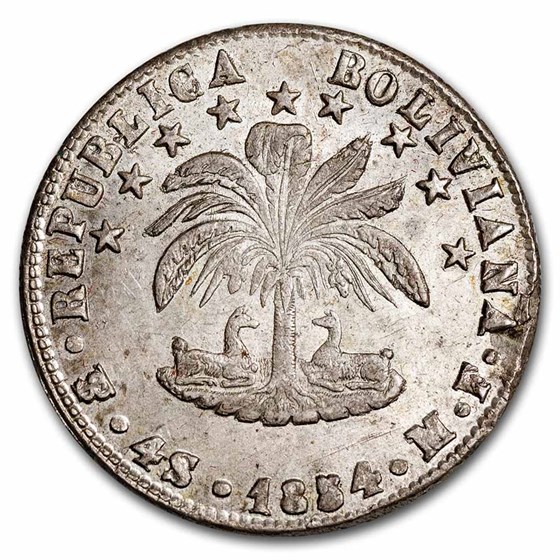 1854-PTS MF Bolivia Silver 4 Soles Bolivar BU 1854-PTS MF Bolivia Silver 4 Soles Bolivar BU