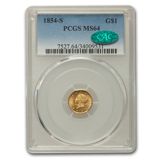 1854-S $1 Liberty Head Gold MS-64 PCGS CAC 1854-S $1 Liberty Head Gold MS-64 PCGS CAC