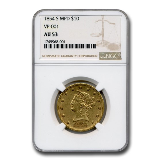 1854-S $10 Liberty Gold Eagle AU-53 NGC (MPD, VP-001) 1854-S $10 Liberty Gold Eagle AU-53 NGC (MPD, VP-001)