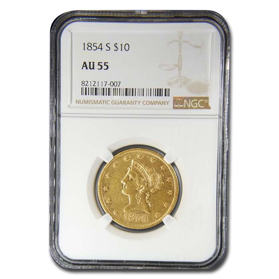 1854-S $10 Liberty Gold Eagle AU-55 NGC 1854-S $10 Liberty Gold Eagle AU-55 NGC