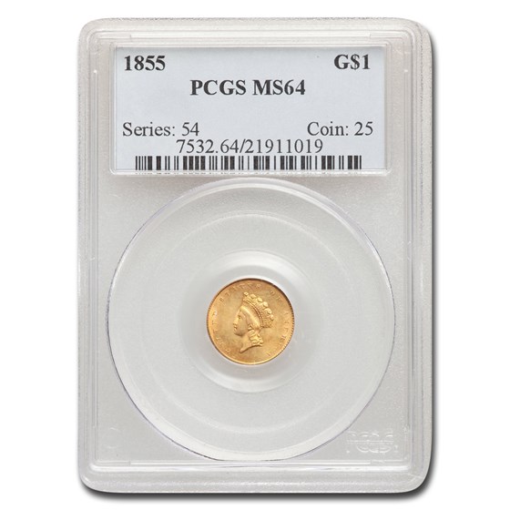 1855 $1 Indian Head Gold Dollar MS-64 PCGS 1855 $1 Indian Head Gold Dollar MS-64 PCGS
