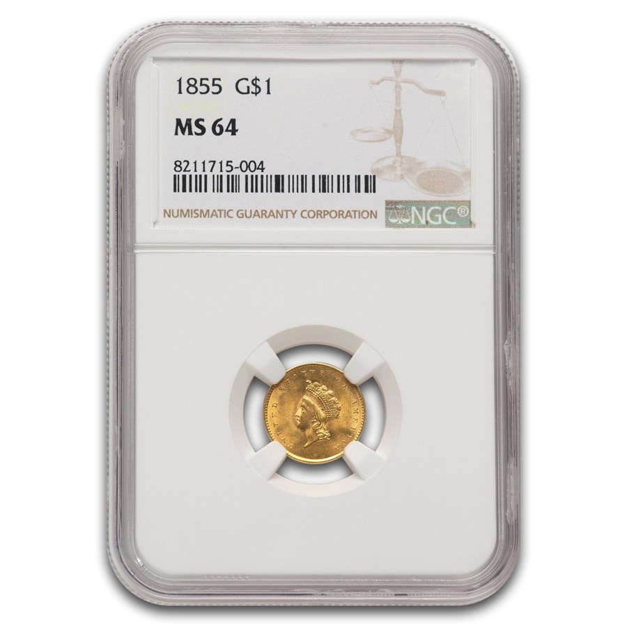 1855 $1 Indian Head Gold Dollar Type 2 MS-64 NGC