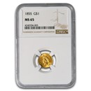 1855 $1 Indian Head Gold Dollar Type 2 MS-65 NGC
