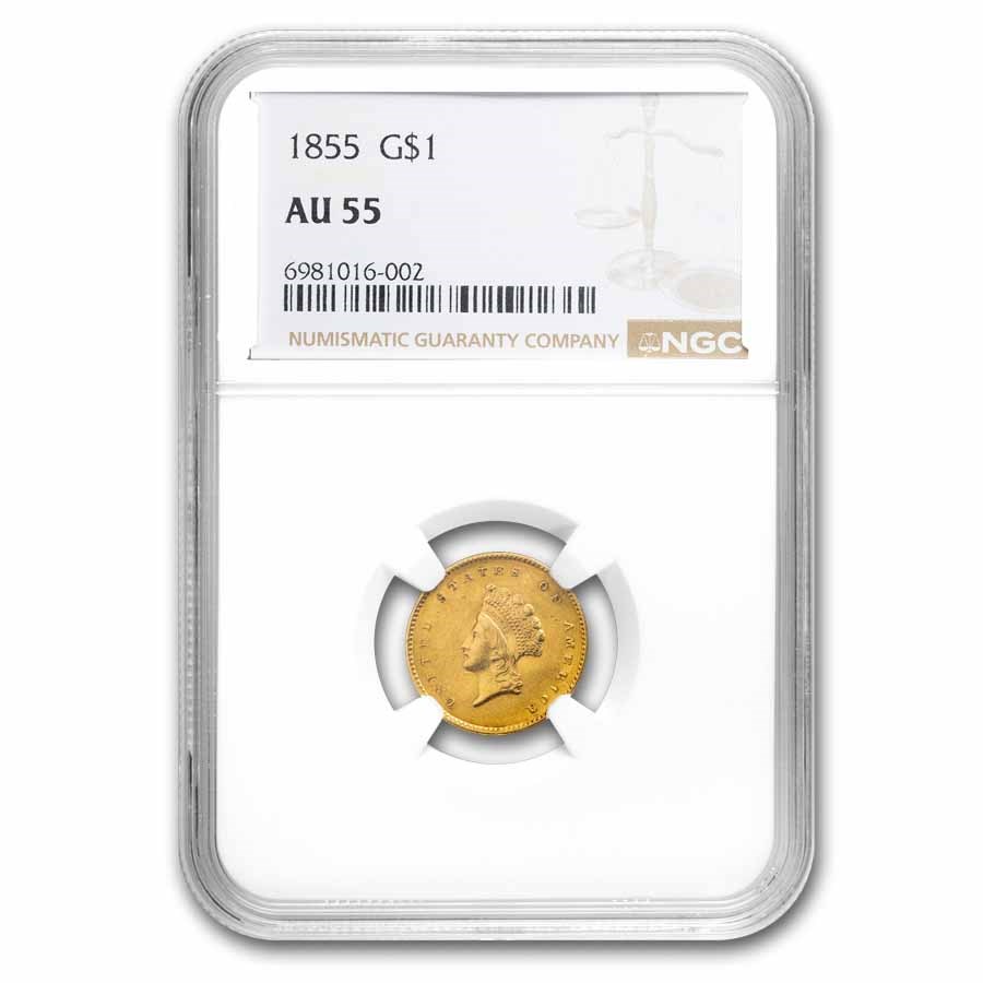 1855 $1 Indian Head Gold Type 2 AU-55 NGC