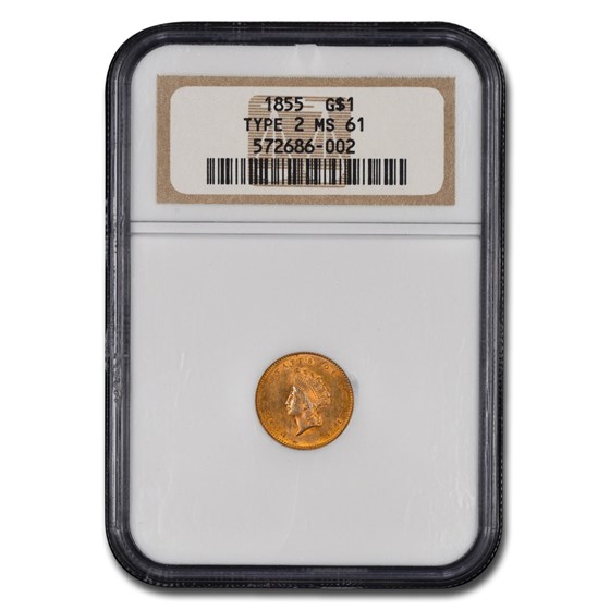1855 $1 Indian Head Gold Type 2 MS-61 NGC 1855 $1 Indian Head Gold Type 2 MS-61 NGC