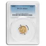 1855 $1 Indian Head Gold Type 2 MS-61 PCGS