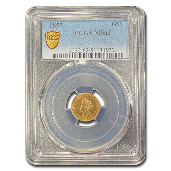1855 $1 Indian Head Gold Type 2 MS-62 PCGS