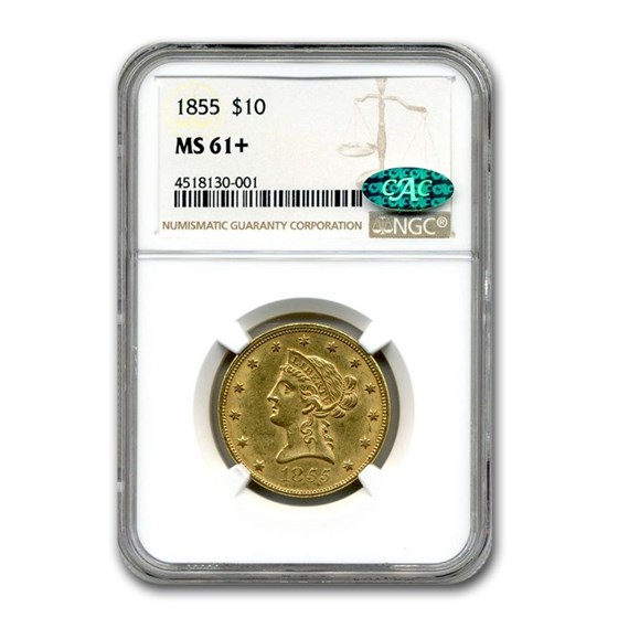 1855 $10 Liberty Gold Eagle MS-61+ NGC CAC 1855 $10 Liberty Gold Eagle MS-61+ NGC CAC