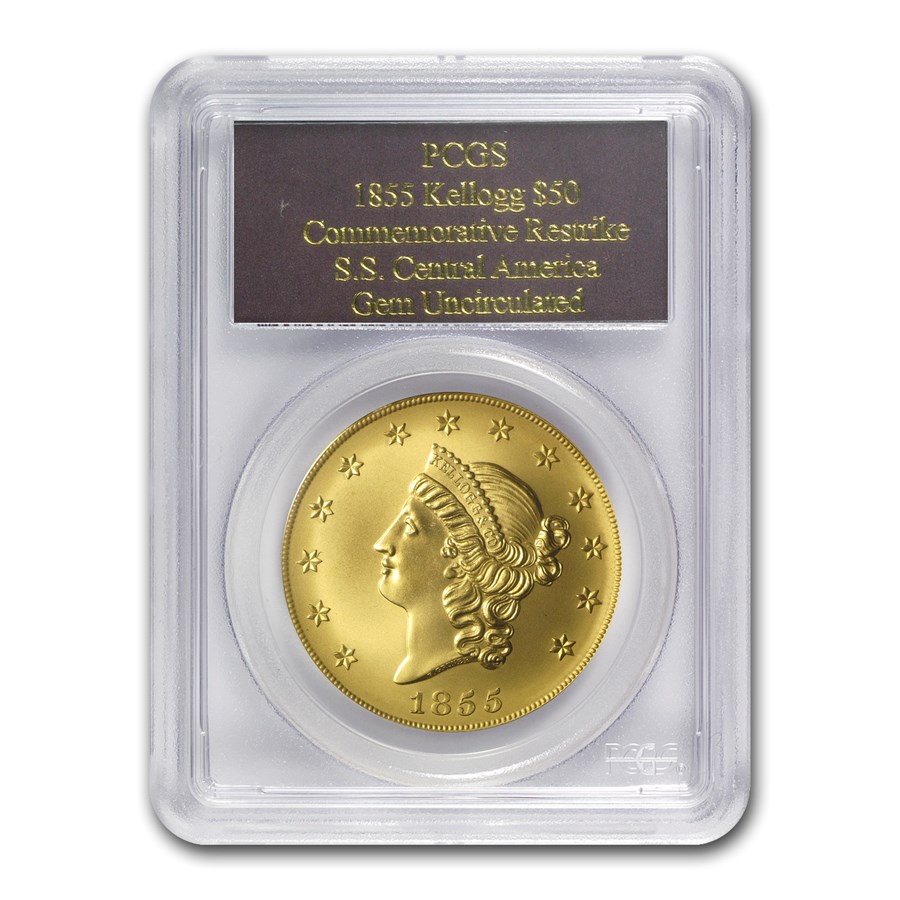 1855 2.419 oz $50 Kellogg Restrike GEM UNC PCGS (w/Display)