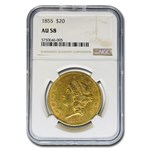 1855 $20 Liberty Gold Double Eagle AU-58 NGC