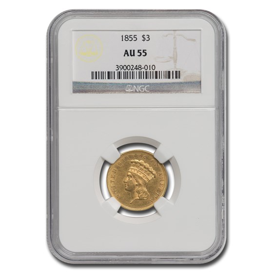 1855 $3 Gold Princess AU-55 NGC