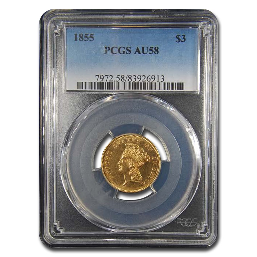 1855 $3 Gold Princess AU-58 PCGS