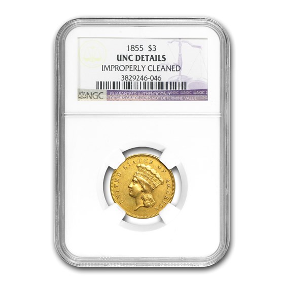 1855 $3 Gold Princess Unc Details NGC (Cleaned) 1855 $3 Gold Princess Unc Details NGC (Cleaned)