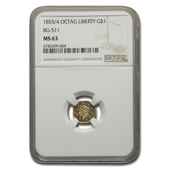1855/4 Liberty Octagonal One Dollar Gold MS-63 NGC (BG-511) 1855/4 Liberty Octagonal One Dollar Gold MS-63 NGC (BG-511)