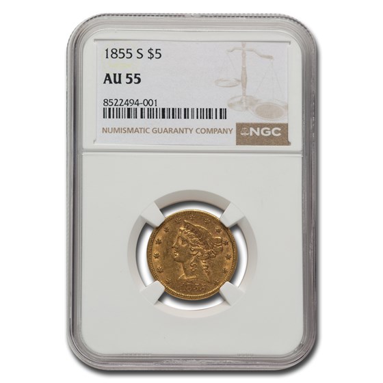 1855 $5 Liberty Gold Half Eagle AU-55 NGC 1855 $5 Liberty Gold Half Eagle AU-55 NGC