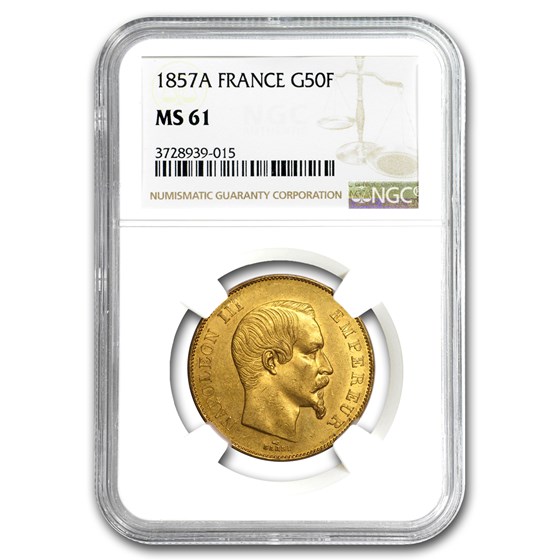1855-A France Gold 50 Francs Napoleon III MS-62 NGC 1855-A France Gold 50 Francs Napoleon III MS-62 NGC