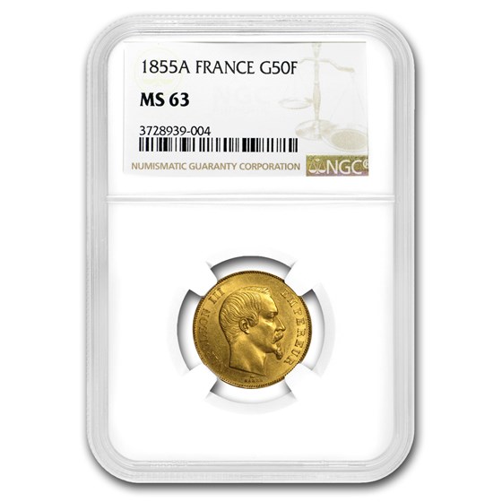 1855-A France Gold 50 Francs Napoleon III MS-63 NGC 1855-A France Gold 50 Francs Napoleon III MS-63 NGC