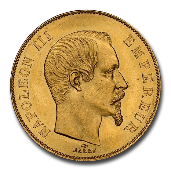 1855-A France Gold 50 Francs Napoleon III MS-64 NGC