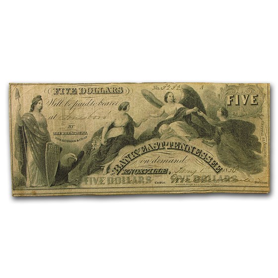 1855 Bank of East Tennessee @ Knoxville $5.00 Note TN-55 Fine 1855 Bank of East Tennessee @ Knoxville $5.00 Note TN-55 Fine