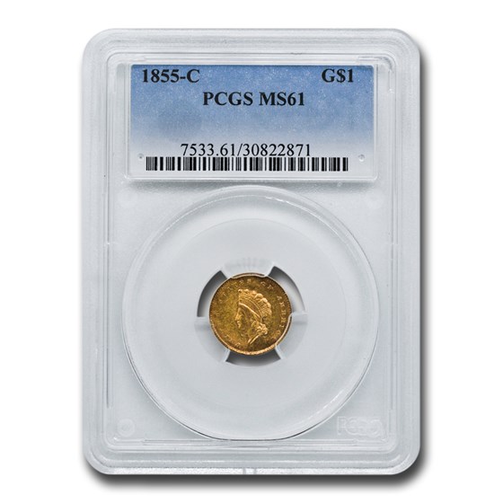 1855-C $1 Indian Head Gold Dollar MS-61 PCGS 1855-C $1 Indian Head Gold Dollar MS-61 PCGS