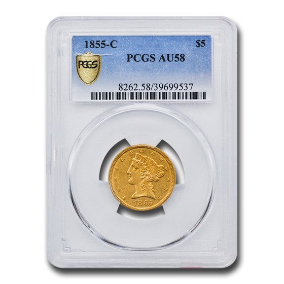 1855-C $5 Liberty Gold Half Eagle AU-58 PCGS 1855-C $5 Liberty Gold Half Eagle AU-58 PCGS