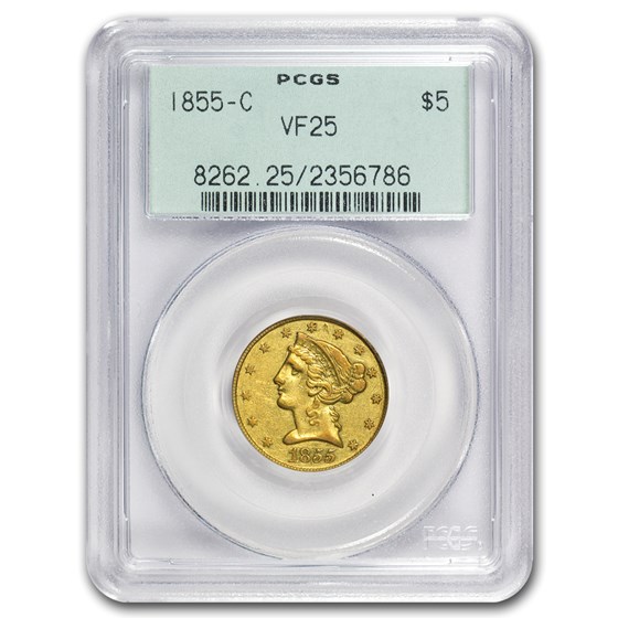 1855-C $5 Liberty Gold Half Eagle VF-25 PCGS (OGH) 1855-C $5 Liberty Gold Half Eagle VF-25 PCGS (OGH)