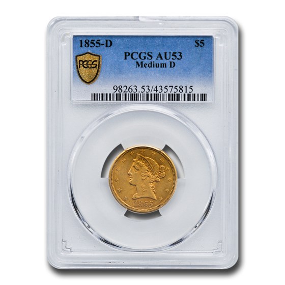 1855-D $5 Liberty Gold Half Eagle AU-53 PCGS (Medium D)