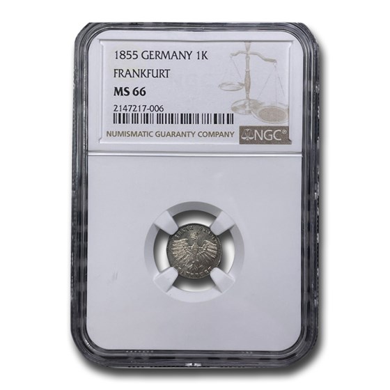 1855 Germany Silver Kreuzer MS-66 NGC (Frankfurt) 1855 Germany Silver Kreuzer MS-66 NGC (Frankfurt)