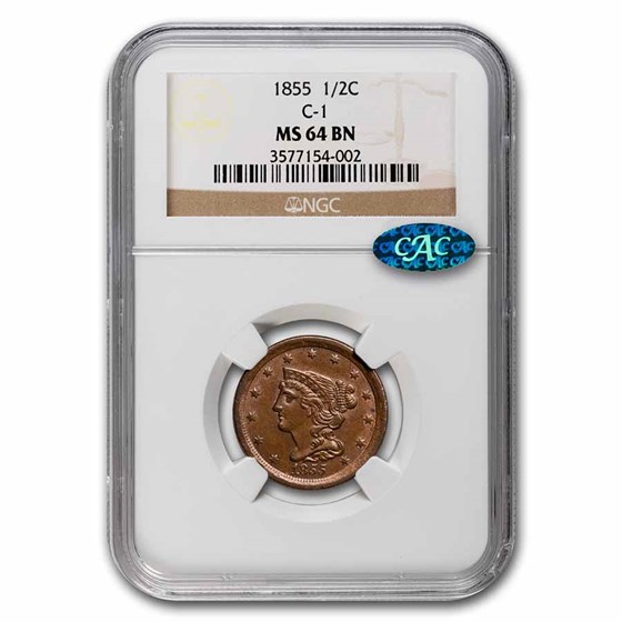 1855 Half Cent MS-64 NGC CAC (Brown, C-1) 1855 Half Cent MS-64 NGC CAC (Brown, C-1)