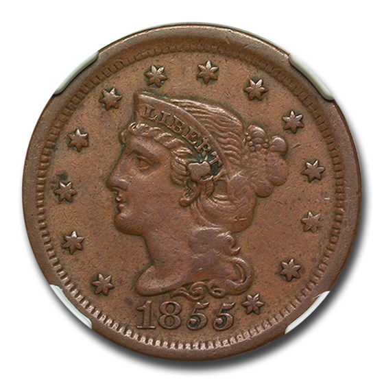1855 Large Cent AU-50 NGC (Slanted 55) 1855 Large Cent AU-50 NGC (Slanted 55)
