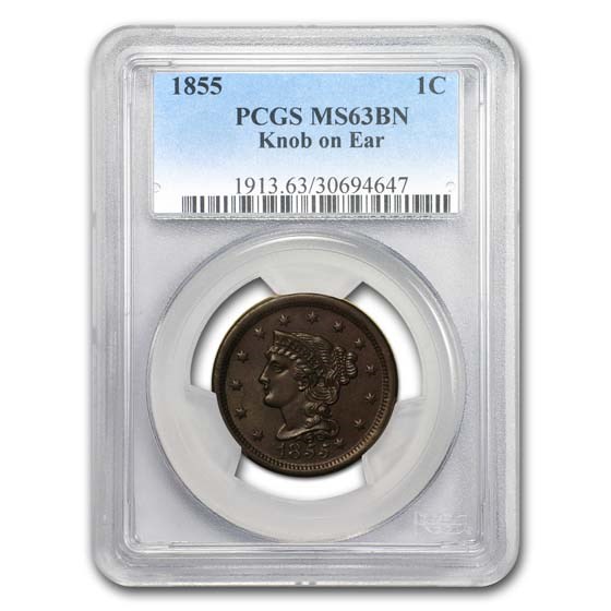 1855 Large Cent Knob on Ear MS-63 PCGS (Brown) 1855 Large Cent Knob on Ear MS-63 PCGS (Brown)