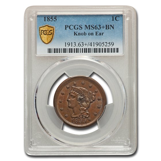 1855 Large Cent MS-63+ PCGS (Brown, Knob on Ear) 1855 Large Cent MS-63+ PCGS (Brown, Knob on Ear)