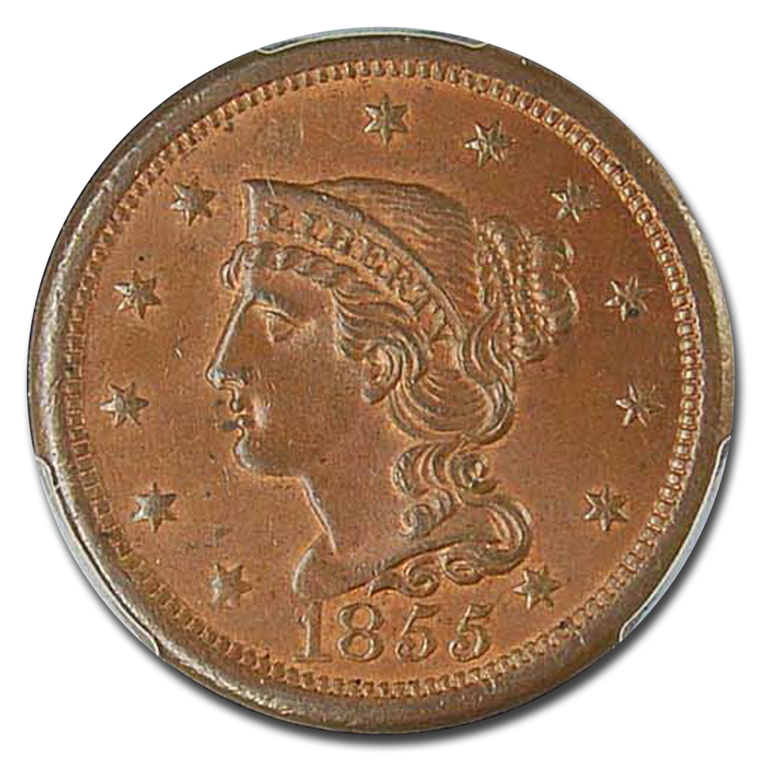 1855 (None) Phil Braided Hair Large Cent Slanted 55 Value | RB - APMEX