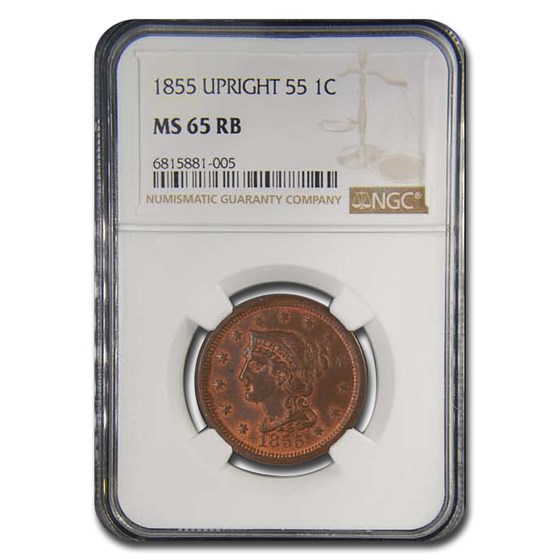 1855 Large Cent MS-65 NGC (Red/Brown, Upright 55) 1855 Large Cent MS-65 NGC (Red/Brown, Upright 55)