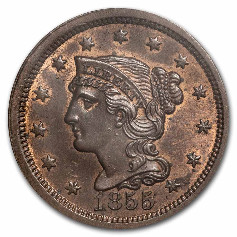 1855 (None) Phil Braided Hair Large Cent Upright 55 Value | BN - APMEX