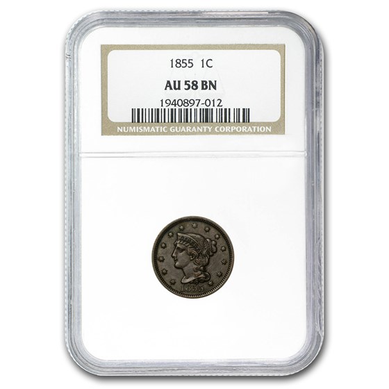 1855 Large Cent Upright 5's AU-58 NGC (Brown)