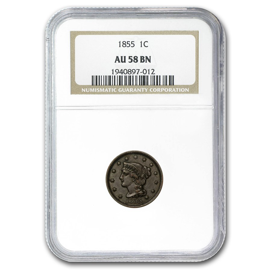 1855 Large Cent Upright 5's AU-58 NGC (Brown)