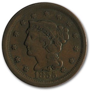 1855 Large Cent Upright 5's VF