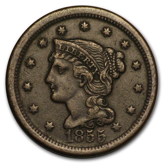 1855 Large Cent Upright 5's XF