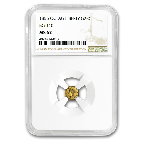 1855 Liberty Octagonal 25 Cent Gold MS-62 NGC (BG-110) 1855 Liberty Octagonal 25 Cent Gold MS-62 NGC (BG-110)
