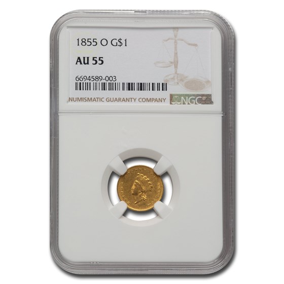 1855-O $1 Indian Head Gold Dollar AU-55 NGC 1855-O $1 Indian Head Gold Dollar AU-55 NGC