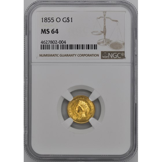 1855-O $1 Indian Head Gold Dollar MS-64 NGC 1855-O $1 Indian Head Gold Dollar MS-64 NGC