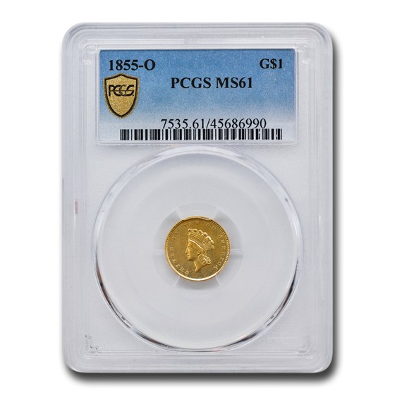 1855-O $1 Indian Head Gold MS-61 PCGS 1855-O $1 Indian Head Gold MS-61 PCGS