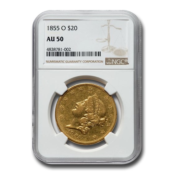 1855-O $20 Liberty Gold Double Eagle AU-50 NGC 1855-O $20 Liberty Gold Double Eagle AU-50 NGC