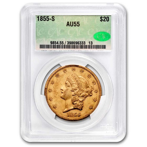 1855-S $20 Liberty Gold Double Eagle AU-55 CACG 1855-S $20 Liberty Gold Double Eagle AU-55 CACG