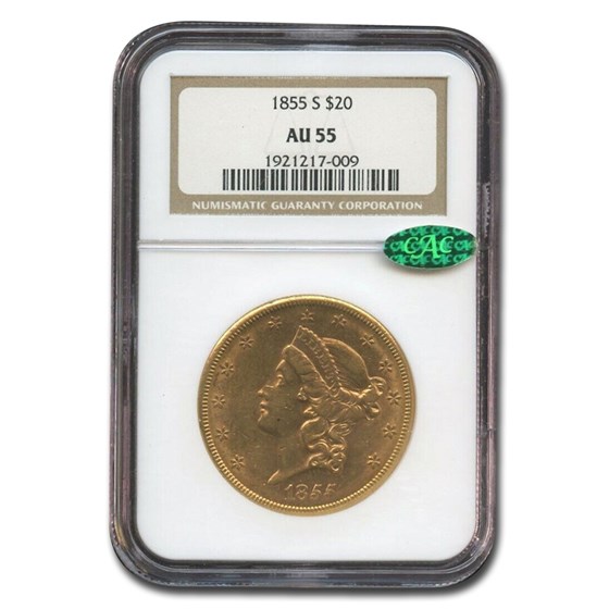 1855-S $20 Liberty Gold Double Eagle AU-55 NGC CAC 1855-S $20 Liberty Gold Double Eagle AU-55 NGC CAC