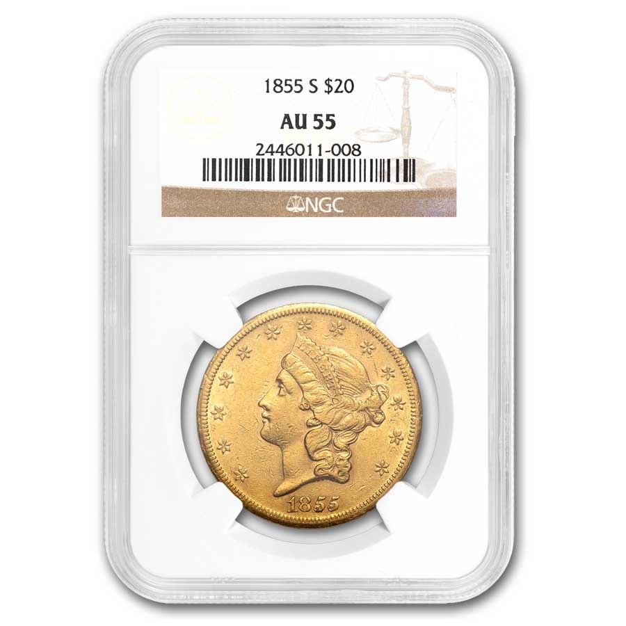 1855-S $20 Liberty Gold Double Eagle AU-55 NGC