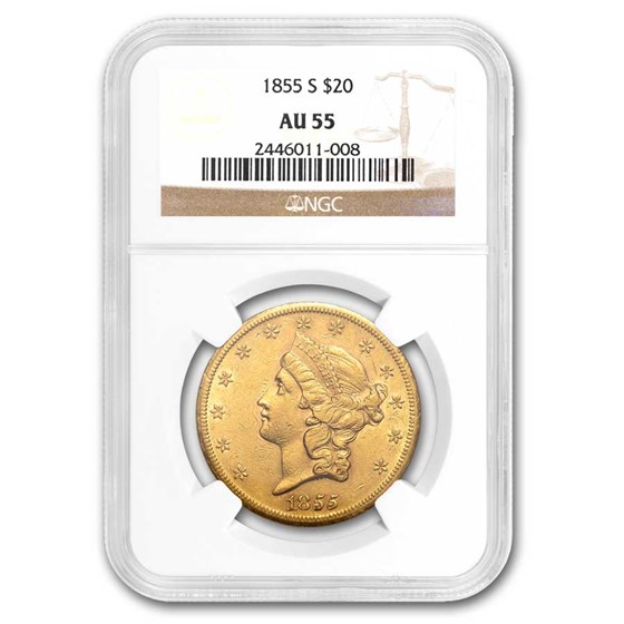 1855-S $20 Liberty Gold Double Eagle AU-55 NGC 1855-S $20 Liberty Gold Double Eagle AU-55 NGC