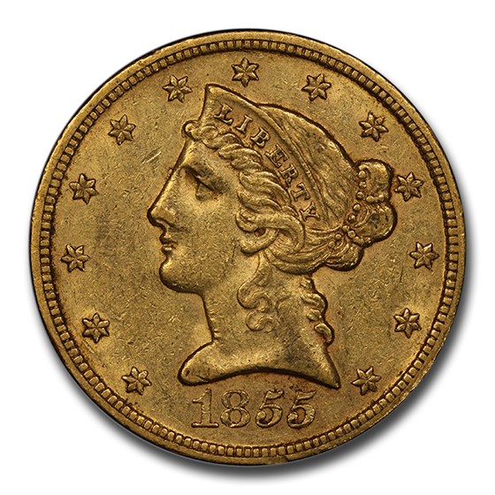 1855-S $5 Liberty Gold Half Eagle AU-55 PCGS CAC