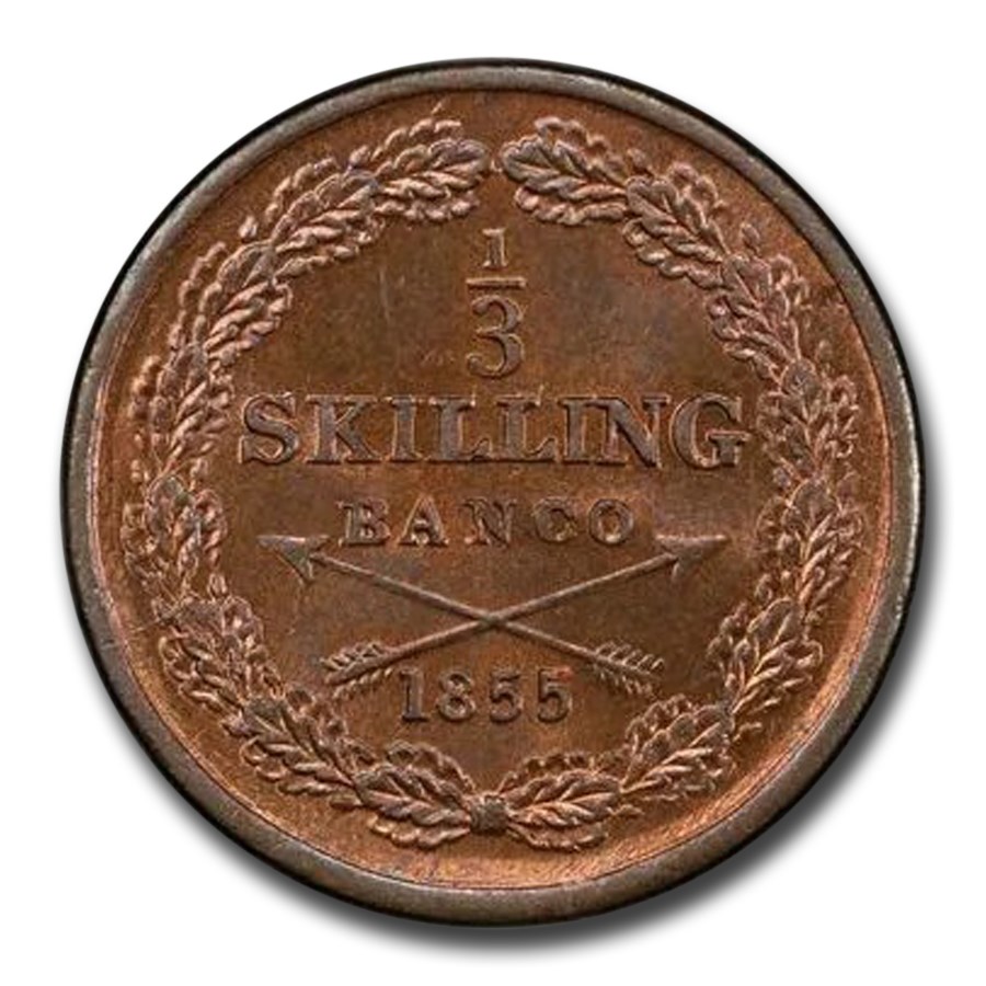 1855 Sweden 1/3 Skilling MS-64 PCGS (Red/Brown)